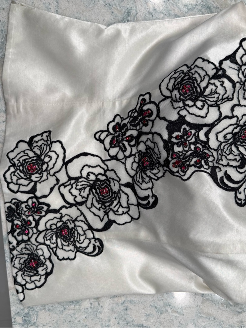 White Satin Floral Embroidered Chemise with Pink Accents